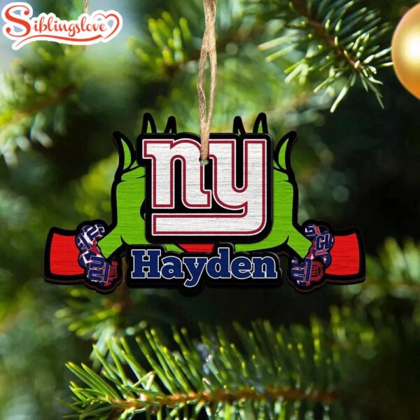 Custom Name NFL New York Giants Football Team Grinch Hand Christmas Ornament