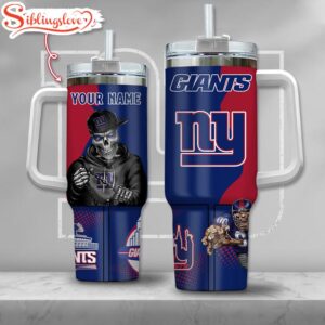 Custom Name NFL New York Giants Gangster Skeleton Halloween 40oz Tumbler With Handle