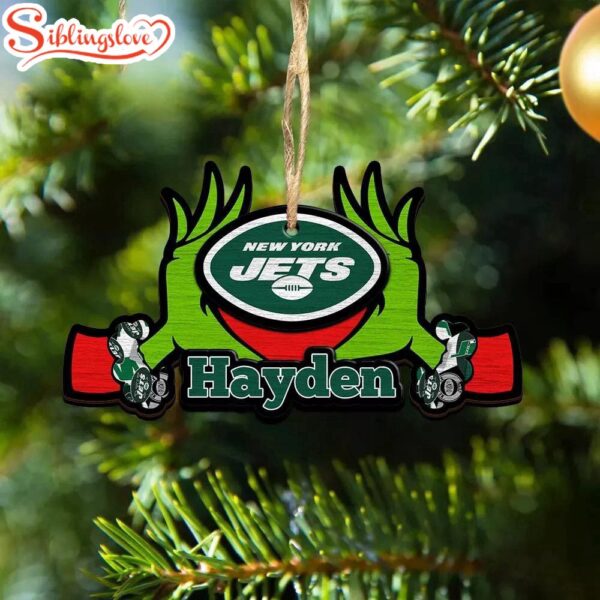 Custom Name NFL New York Jets Football Team Grinch Hand Christmas Ornament