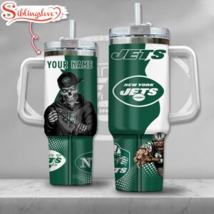 Custom Name NFL New York Jets Gangster Skeleton Halloween 40oz Tumbler With Handle