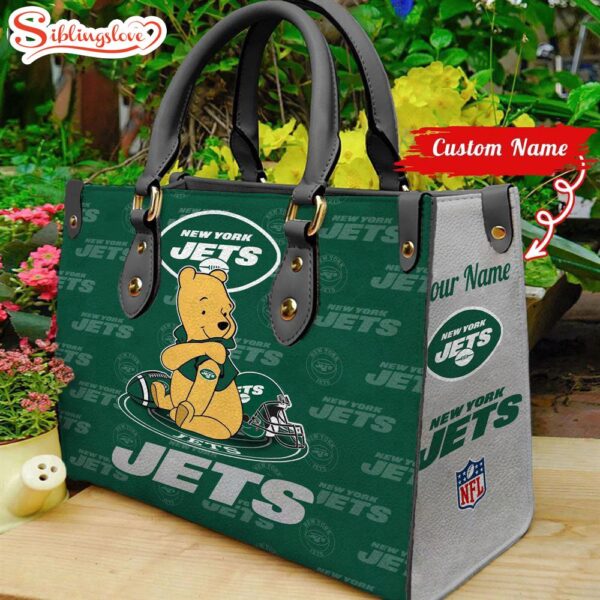 Custom Name NFL New York Jets Pooh Bear Leather Handbag For Fans