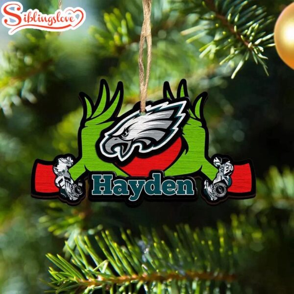 Custom Name NFL Philadelphia Eagles Football Team Grinch Hand Christmas Ornament