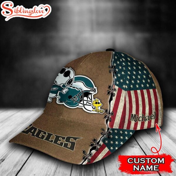 Custom Name NFL Philadelphia Eagles Snoopy USA Flag All Over Print 3D Classic Cap