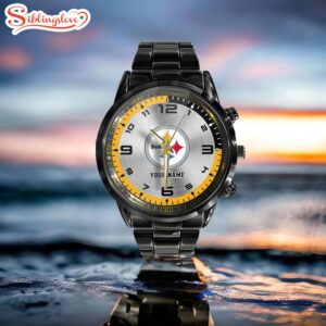 Custom Name NFL Pittsburgh Steelers Black Stainless Steel Watch Gift For Fans