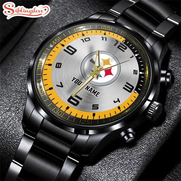 Custom Name NFL Pittsburgh Steelers Black Stainless Steel Watch Gift For Fans