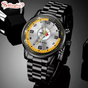 Custom Name NFL Pittsburgh Steelers Black Stainless Steel Watch Gift For Fans