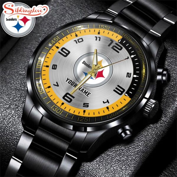 Custom Name NFL Pittsburgh Steelers Black Stainless Steel Watch Gifts For Fans