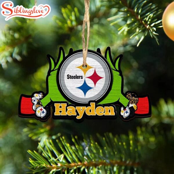 Custom Name NFL Pittsburgh Steelers Football Team Grinch Hand Christmas Ornament