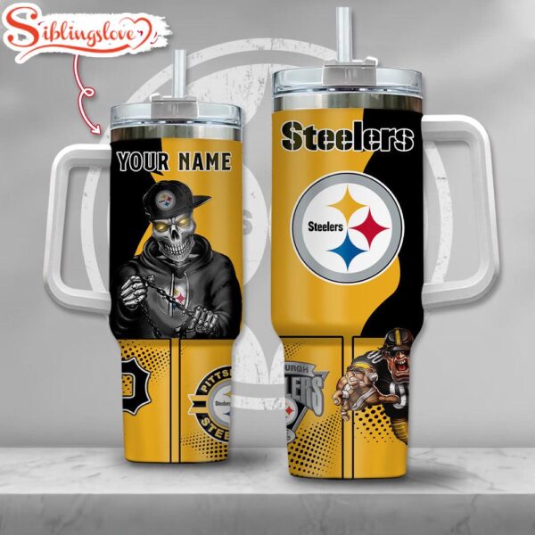 Custom Name NFL Pittsburgh Steelers Gangster Skeleton Halloween 40oz Tumbler With Handle