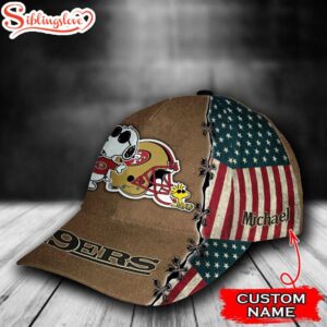 Custom Name NFL San Francisco 49Ers Snoopy USA Flag All Over Print - Brown 3D Classic Cap