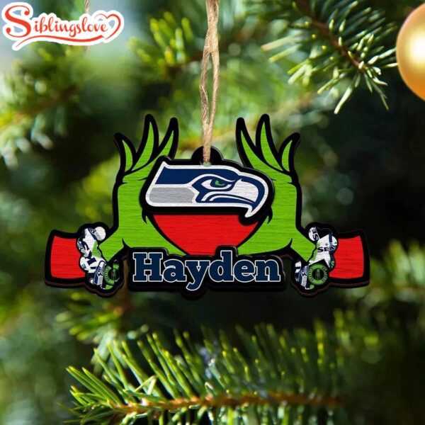 Custom Name NFL Seattle Seahawks Football Team Grinch Hand Christmas Ornament