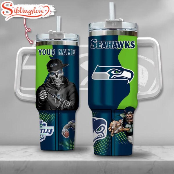 Custom Name NFL Seattle Seahawks Gangster Skeleton Halloween 40oz Tumbler With Handle