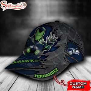 Custom Name NFL Seattle Seahawks Iron Man All Over Print 3D Classic Cap