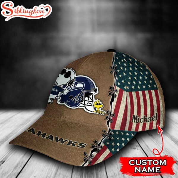 Custom Name NFL Seattle Seahawks Snoopy USA Flag All Over Print 3D Classic Cap