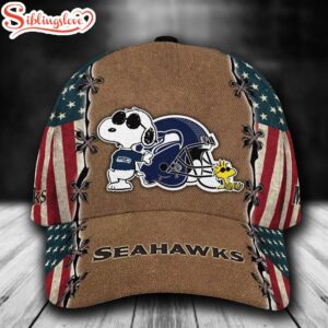 Custom Name NFL Seattle Seahawks Snoopy USA Flag All Over Print 3D Classic Cap