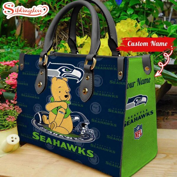 Custom Name NFL Seattle Seahawks Pooh Bear Leather Handbag For Fans