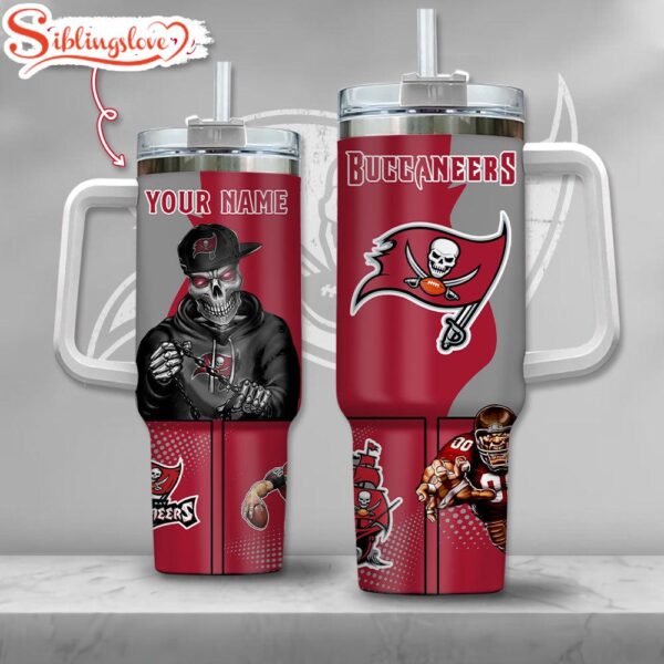 Custom Name NFL Tampa Bay Buccaneers Gangster Skeleton Halloween 40oz Tumbler With Handle