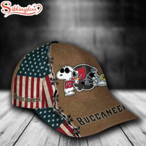 Custom Name NFL Tampa Bay Buccaneers Snoopy USA Flag All Over Print - Brown 3D Classic Cap