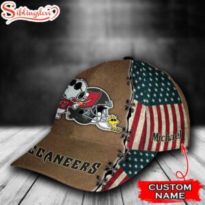 Custom Name NFL Tampa Bay Buccaneers Snoopy USA Flag All Over Print - Brown 3D Classic Cap