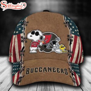 Custom Name NFL Tampa Bay Buccaneers Snoopy USA Flag All Over Print - Brown 3D Classic Cap