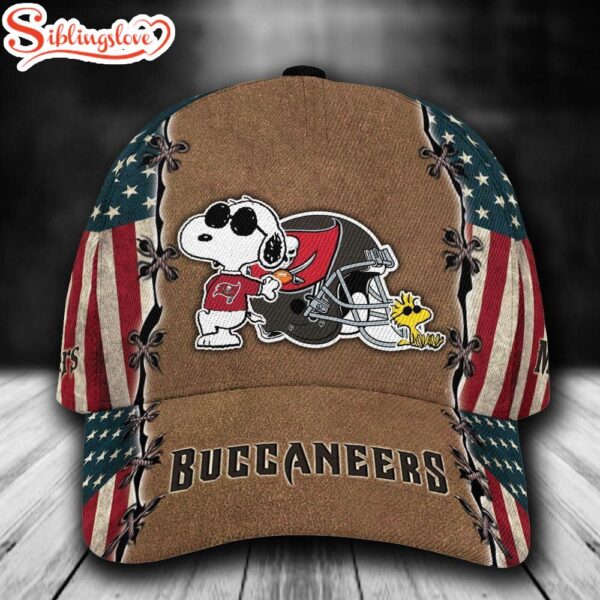 Custom Name NFL Tampa Bay Buccaneers Snoopy USA Flag All Over Print – Brown 3D Classic Cap