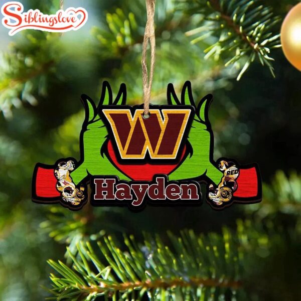 Custom Name NFL Washington Commanders Football Team Grinch Hand Christmas Ornament