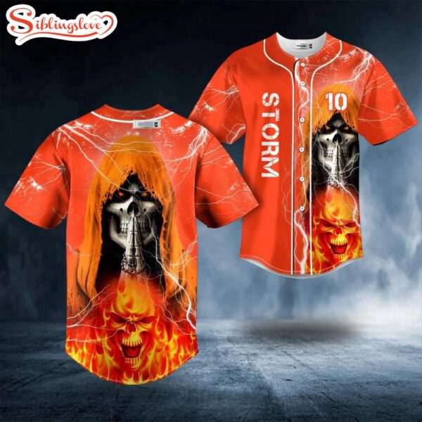 Custom Name Orange Grim Reaper Praying Storm Skull Halloween Baseball Jersey Shirt