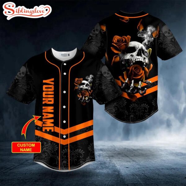 Custom Name Orange Roses Sugar Skull Halloween Baseball Jersey Shirt