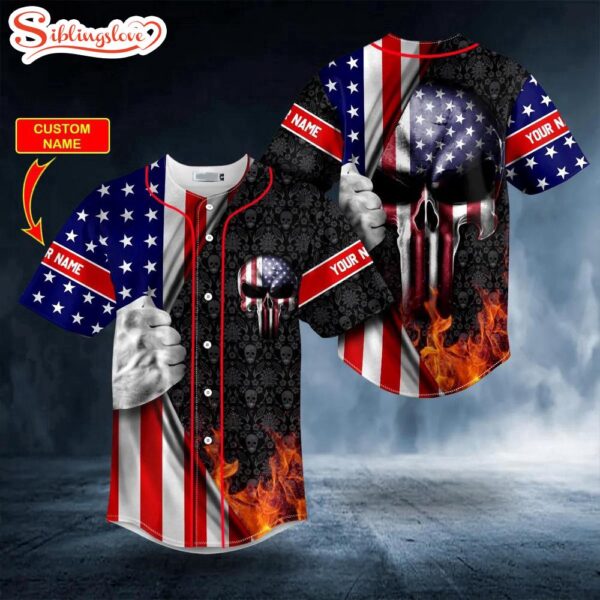 Custom Name Patriotism U.S Flag Punisher Skull Halloween Baseball Jersey Shirt