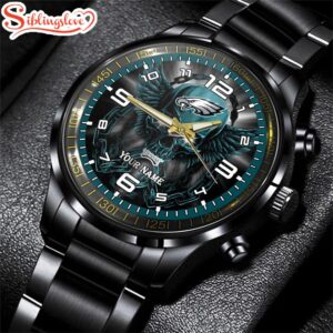 Custom Name Philadelphia Eagles NFL 3D Men Black Stainless Steel Watch Gift For Fans