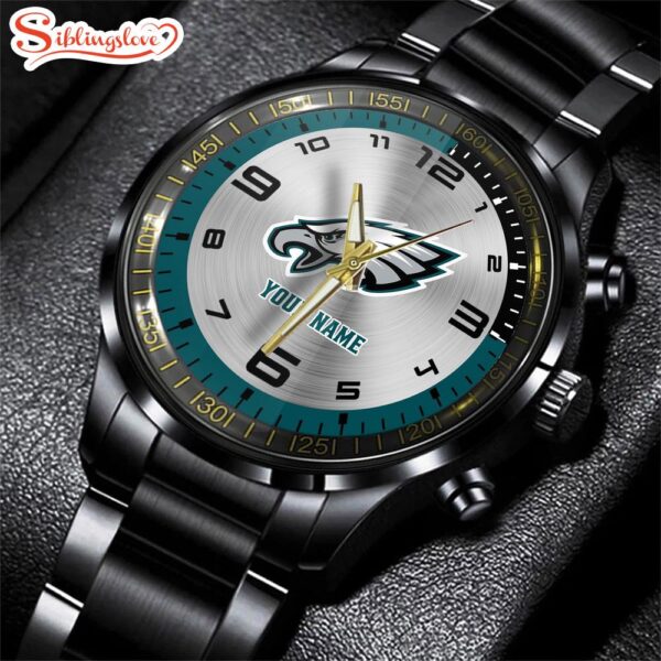 Custom Name Philadelphia Eagles NFL Black Stainless Steel Watch Gifts For Fans