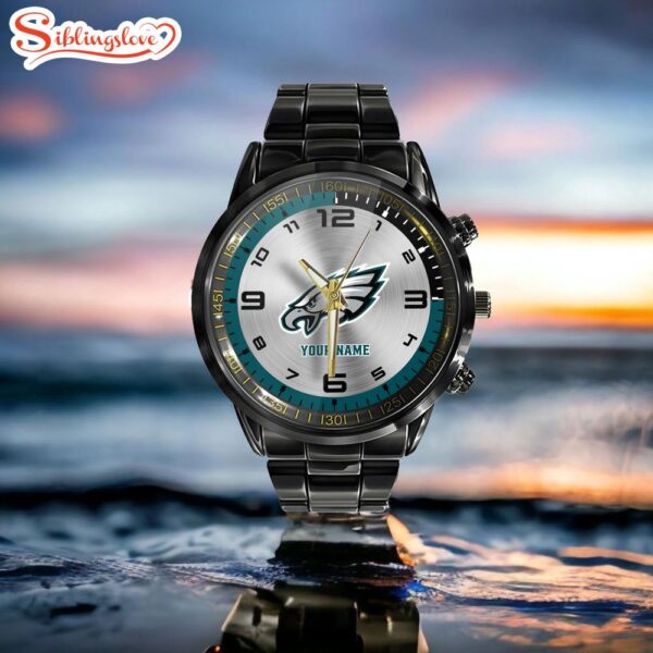 Custom Name Philadelphia Eagles NFL Black Stainless Steel Watch Gifts For Fans