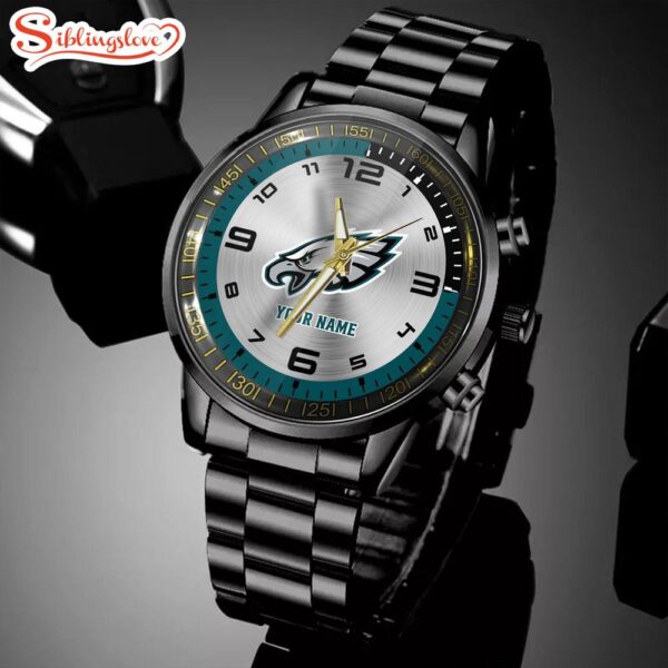 Custom Name Philadelphia Eagles NFL Black Stainless Steel Watch Gifts For Fans