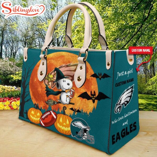 Custom Name Philadelphia Eagles NFL Snoopy Halloween Women Leather Hand Bag