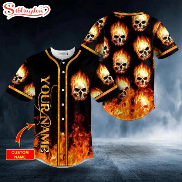 Custom Name Pile Of Fire Skull Halloween Baseball Jersey Shirt