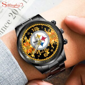 Custom Name Pittsburgh Steelers NFL 3D Men Black Stainless Steel Watch Gift For Fans