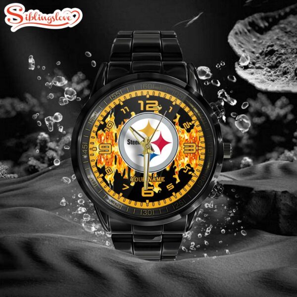 Custom Name  Pittsburgh Steelers NFL 3D Men  Black Stainless Steel Watch Gift For Fans