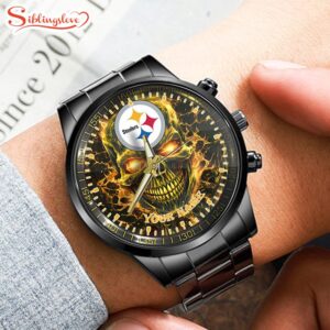 Custom Name Pittsburgh Steelers NFL Men Black Stainless Steel Watch Gift For Fans