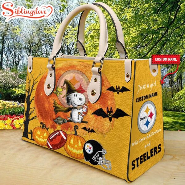 Custom Name Pittsburgh Steelers NFL Snoopy Halloween Women Leather Hand Bag