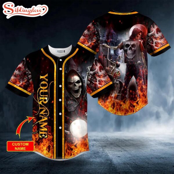 Custom Name Reaper Rider Fire Skull Halloween Baseball Jersey Shirt