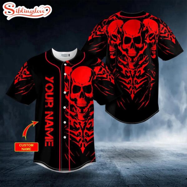 Custom Name Red 3 Heads Skeletons Skull Halloween Baseball Jersey Shirt