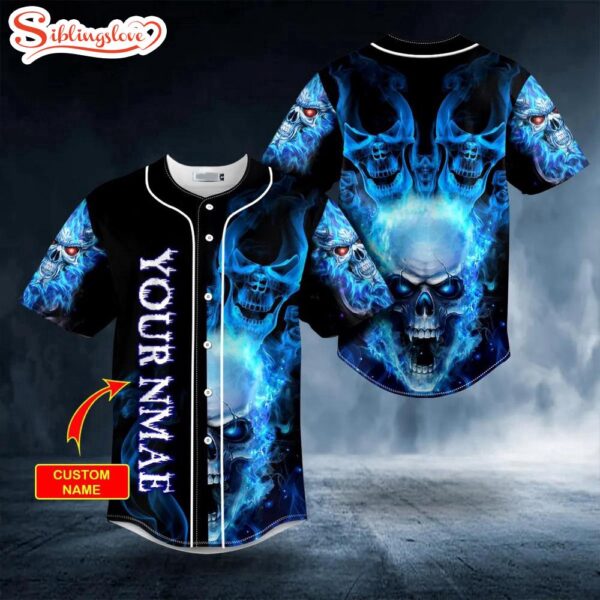 Custom Name Red Eyes Blue Fire Skull Halloween Baseball Jersey Shirt