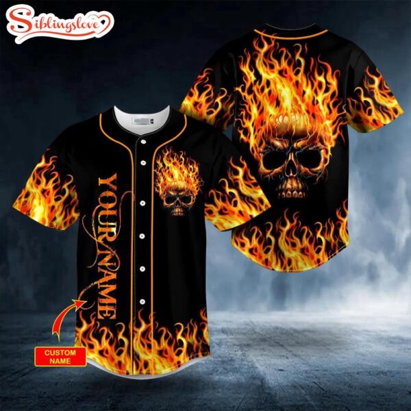 Custom Name Red Fire Skull Halloween Baseball Jersey Shirt