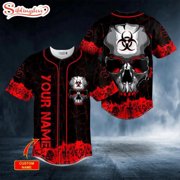 Custom Name Red Flame Biohazard Metal Skull Halloween Baseball Jersey Shirt