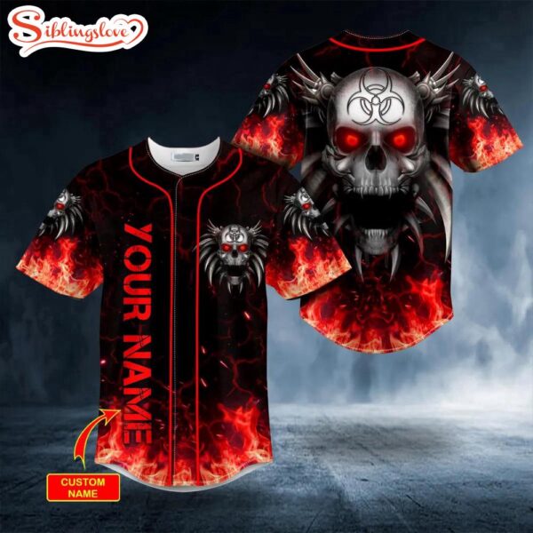 Custom Name Red Flame Biohazard Metal Wings Skull Halloween Baseball Jersey Shirt