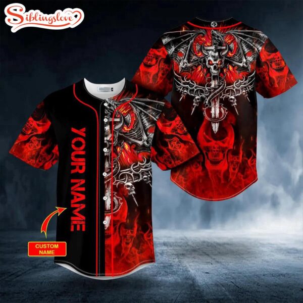 Custom Name Red Flaming Sword Broken Dragon Skull Halloween Baseball Jersey Shirt