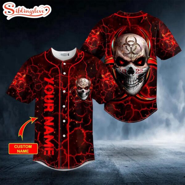 Custom Name Red Lightning Biohazard Skull Halloween Baseball Jersey Shirt