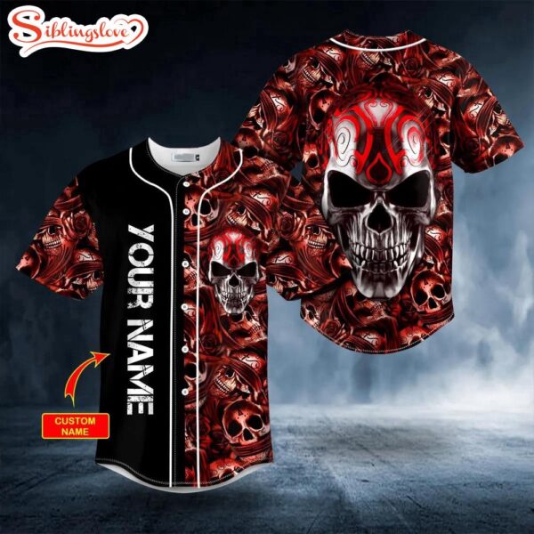 Custom Name Red Metal Tribal Skull Halloween Baseball Jersey Shirt