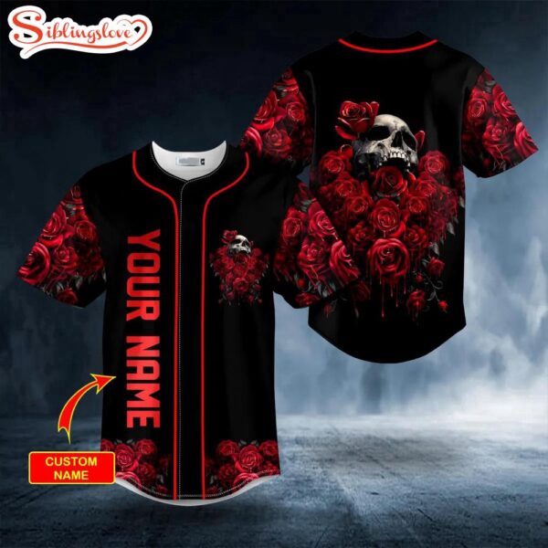 Custom Name Red Rose Killer Skull Halloween Baseball Jersey Shirt