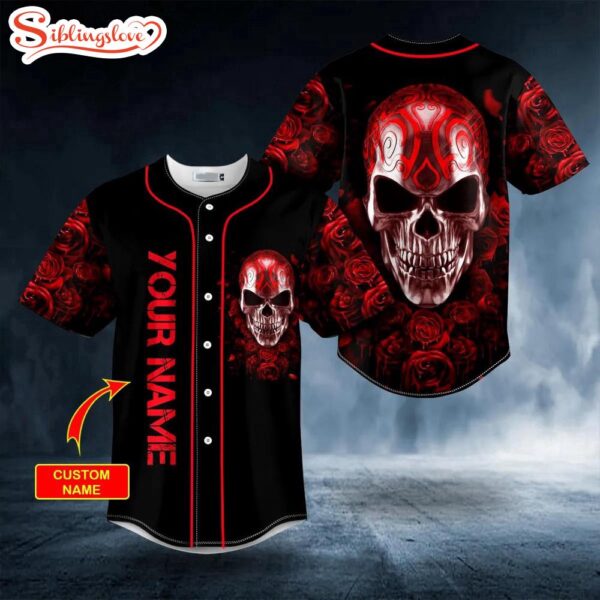 Custom Name Red Roses Tribal Metal Skull Halloween Baseball Jersey Shirt